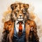 In a delightful watercolor scene, a lion dons a sharp business suit and tie