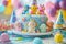 A delightfully whimsical cake featuring cute cartoon characters, vibrant icing swirls, and playful decorations. Generative AI