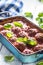 Delisious italian meal meat beef balls with basil in vintage roaster pan