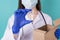 Deliver courier new vaccine batch concept. Close-up cropped photo of doctor in face surgical mask white coat lap uniform in gloves