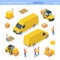 Deliver service van truck warehouse staff couriers holding parcel forklift loads boxes pallet packages isometric vector