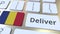 Deliver text and flag of Romania on the computer keyboard. Logistics related 3D rendering