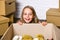 Delivering happiness. Little child open post package with toys. Deliver your treasures. Storage for toys. Relocating