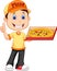 Delivering pizza. thumb up of cheerful young delivery man holding a pizza box while isolated on white background