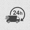 Delivery 24h truck with clock vector illustration. 24 hours fast