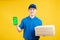 Delivery asian male presentation order pizza in box with smartphone green screen