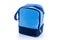 Delivery bag. Blue camping freezer, cooler box for cold lunch food isolated on white background. Delivery bag for for