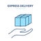 Delivery box icon. Vector illustration of a palm carefully handing over a parcel box. It represents a concept of careful delivery