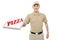 A delivery boy bringing a cardboard pizza box