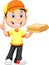 Delivery boy cartoon bringing a cardboard pizza box