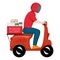 Delivery boy courier in red uniform riding a motorcycle. Service deliver package box food and beverages ready meal at home. Online