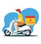 Delivery boy riding white scooter with pizza box, food delivery service, shipping concept, flat design, icon, vector