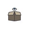 Delivery cardboard box and eye filled outline icon