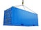 Delivery, cargo, shipping concept - blue cargo container hoisted by crane hook isolated on white