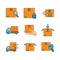 Delivery cargo shipping distribution logistic icons set line and fill