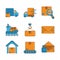 Delivery cargo shipping distribution logistic icons set line and fill