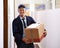 Delivery, checklist and portrait of man with box from inventory, logistics and supply chain with information. Happy