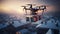 Delivery of a Christmas package by quadcopter. Modern drone delivery service. Christmas gift delivery