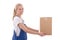 Delivery concept - happy woman in blue workwear giving cardboard
