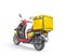 Delivery concept. Thermal backpack for contactless food delivery to customers home with e-moped.