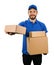 Delivery courier giving cardboard shipping box on white background