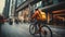 Delivery cyclist in city environment with orange backpack in motion