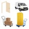 Delivery at door illustration - opened house door, vehicle, luggage cart, cardboard boxes and home refrigerator