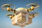 Delivery drone with cardboard parcel flying in the sky. Aerial delivery. Generative AI