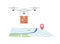 Delivery drone flying with package box over map with location symbol