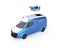 Delivery drone takeoff from two-tone electric powered delivery van on white background