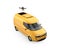 Delivery drone takeoff from yellow electric delivery van on white background