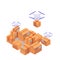 Delivery drones carry and stack boxes isometric illustration. White modern quadrocopters ship sort yellow boxe.