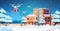Delivery drones carrying gift present boxes merry christmas happy new year winter holiday airmail concept modern snowy