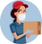 Delivery Female Worker Wearing Protective Mask and Gloves