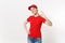 Delivery friendly woman in red uniform isolated on white background. Professional caucasian female in cap, t-shirt