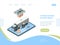 Delivery future by drones landing page isometric concept. Modern service remote logistics goods online managing viewing