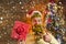 Delivery gifts. Styling Santa Claus with a long beard posing on the wooden background. Bearded Santa Claus - close up