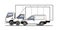 Delivery of goods and parcels by different trucks, lorry. Vector set. Trucks in the parking lot side view. White blank truck