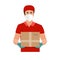 Delivery of goods during the prevention of coronovirus, Covid-19. Courier in a face mask with a box in his hands. Vector