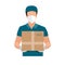 Delivery of goods during the prevention of coronovirus, Covid-19. Courier in a face mask with a box in his hands. Vector