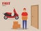 Delivery guy handing box on doorway with a motorcycle in the background. Vector illustration