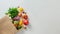 Delivery healthy food background. Healthy vegan vegetarian food in paper bag vegetables and fruits on white, copy space, banner.