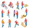 Delivery isometric. Couriers deliveries postman guys delivering box motorcycle scuter courier 3d isolated vector