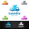 Delivery Laundry Dry Cleaners Logo with Clothes, Water and Washing Concept