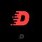 Delivery logo. Red letter D, isolated on a black background. Letter D and velocity.