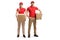 Delivery male and female in uniforms holding packages