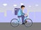 Delivery man on bicycle with bag on the back. Food service cycle courier vector illustration.