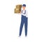 Delivery man in blue courier uniform holding stack of cardboard boxes