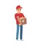 Delivery man with box. Young courier in hat and uniform standing, service vector cartoon character