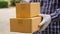 The delivery man carried a cardboard box in a white glove and the delivery was fast and free. Online shopping and express delivery